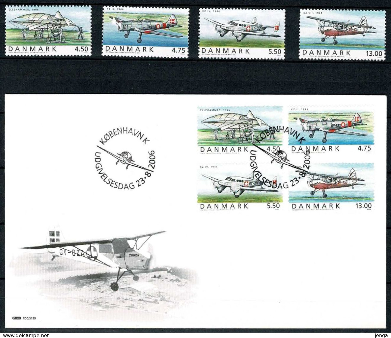 Denmark 2006; Airplanes - Aviation.  Set Of 4 MNH(**) And On FDC. - Sonstige & Ohne Zuordnung