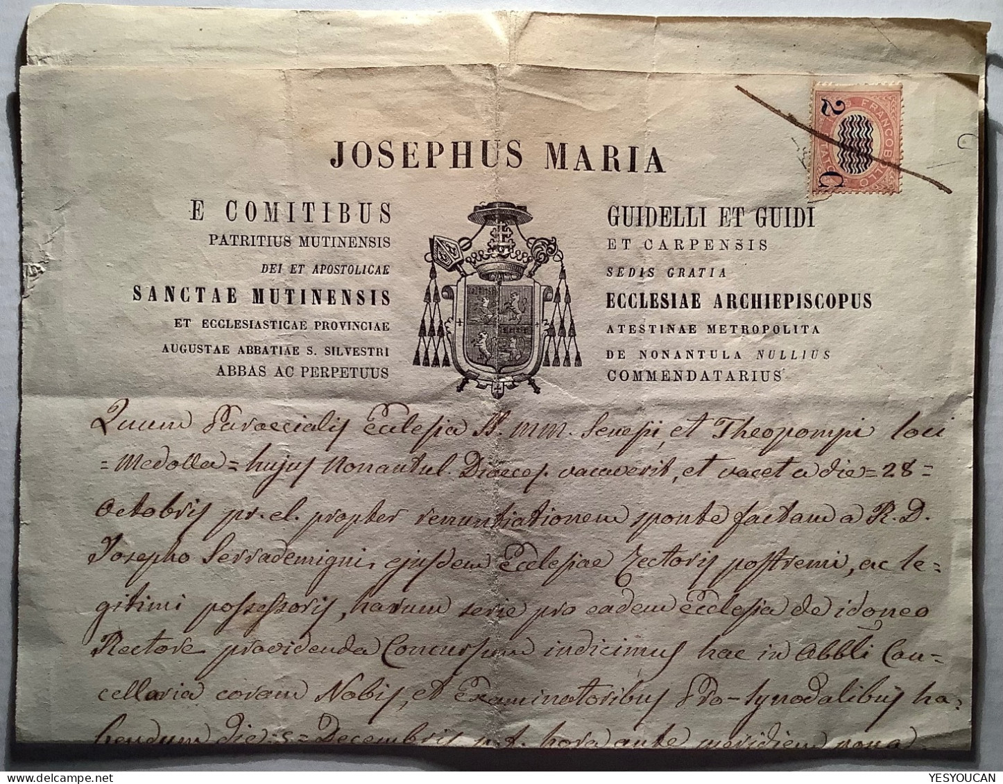 Regno D’ Italia 1878 Sa.33 RARE FISCAL USAGE Servizio 2c Su 1,00 From Medolla=Emilia-Romagna, Modena  (Italy Fiscale - Marcofilie