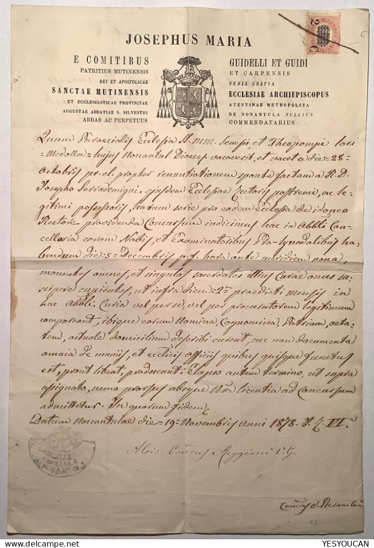 Regno D’ Italia 1878 Sa.33 RARE FISCAL USAGE Servizio 2c Su 1,00 From Medolla=Emilia-Romagna, Modena  (Italy Fiscale - Marcofilie