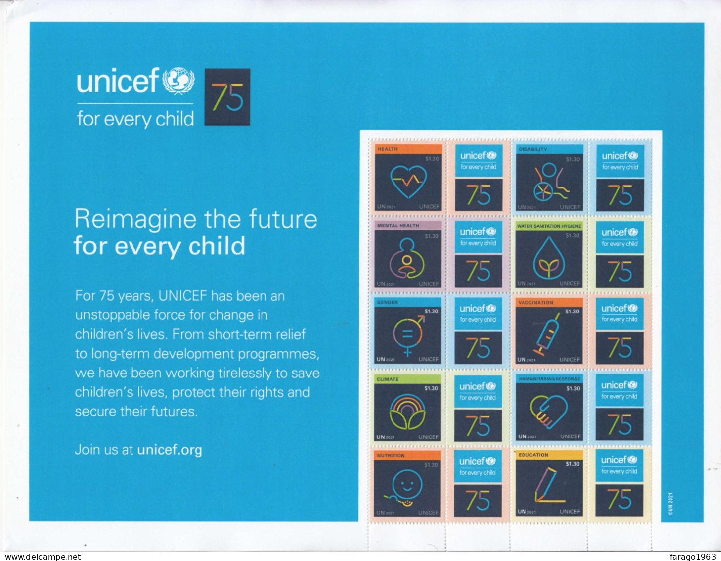 2021 United Nations New York UNICEF Children Health GIANT A4 Miniature Sheet Of 10 MNH @ BELOW FACE VALUE - Nuovi