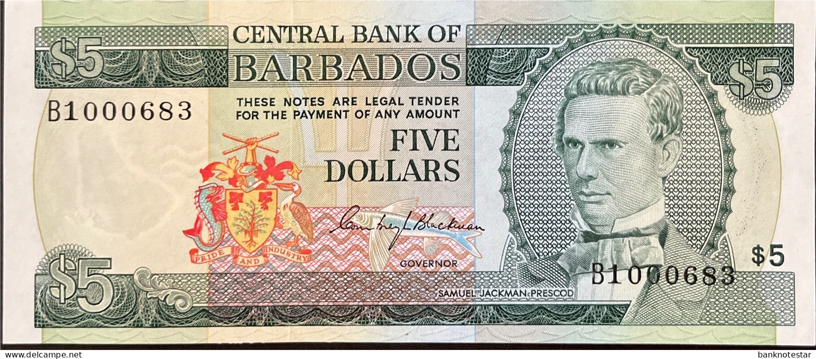 Barbados 5 Dollars, P-31 (1973) - AU - Low First Prefix Serial Number 000683 - Barbades