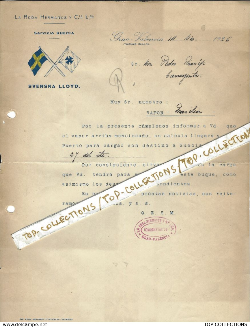 1926 NAVIGATION ENTETE PAVILLON LA RODA HERMANOS Y Cia SVENSKA LLOYD  Grao Valencia Espagne  Pour Carcagente  Carcaixent - 1900 – 1949