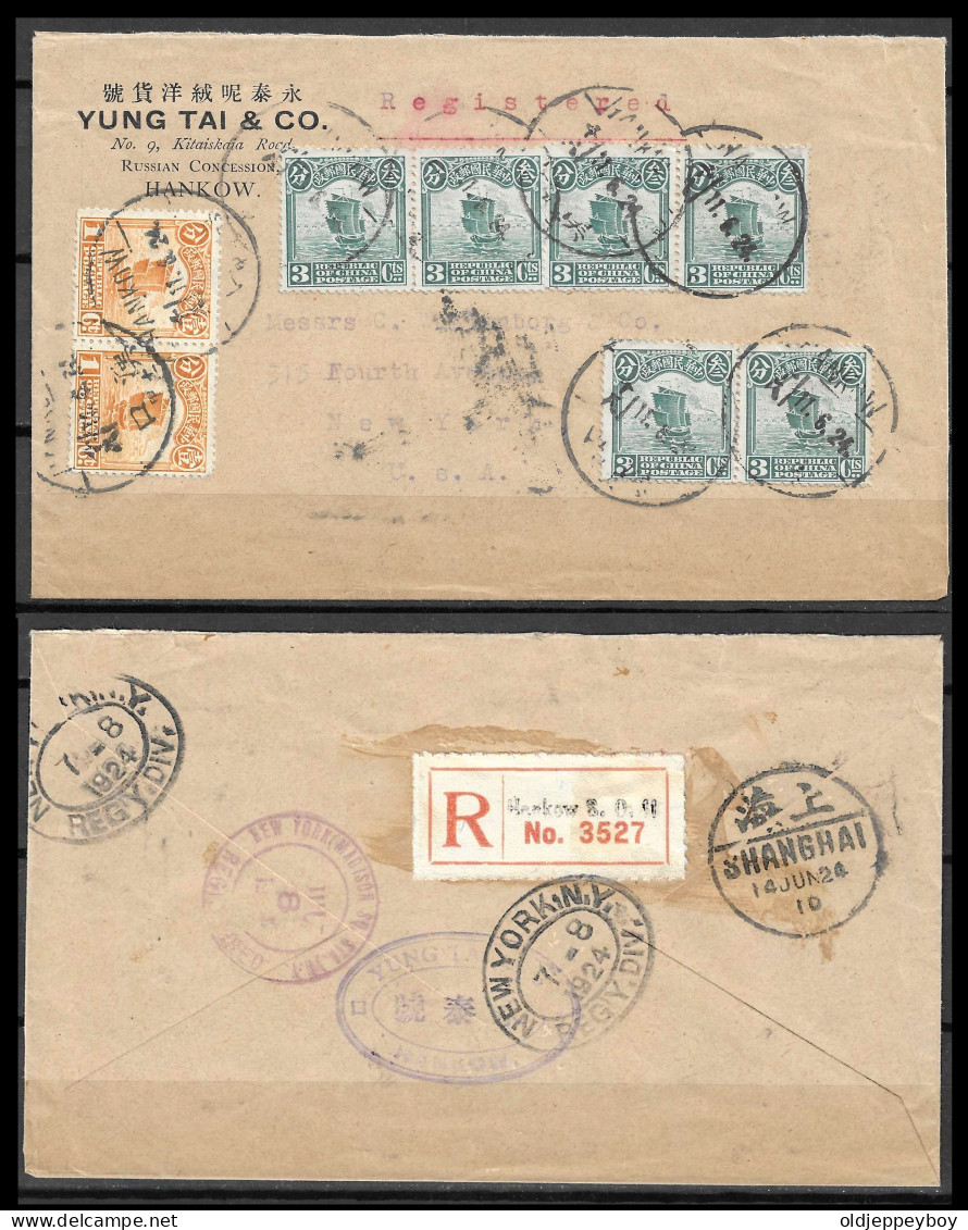 1924 CHINA HANKOW YUNG TAI & CO RUSSIAN CONCESSION REGISTERED COVER TO NEW YORK USA JUNKS SHIPS - 1912-1949 Republic