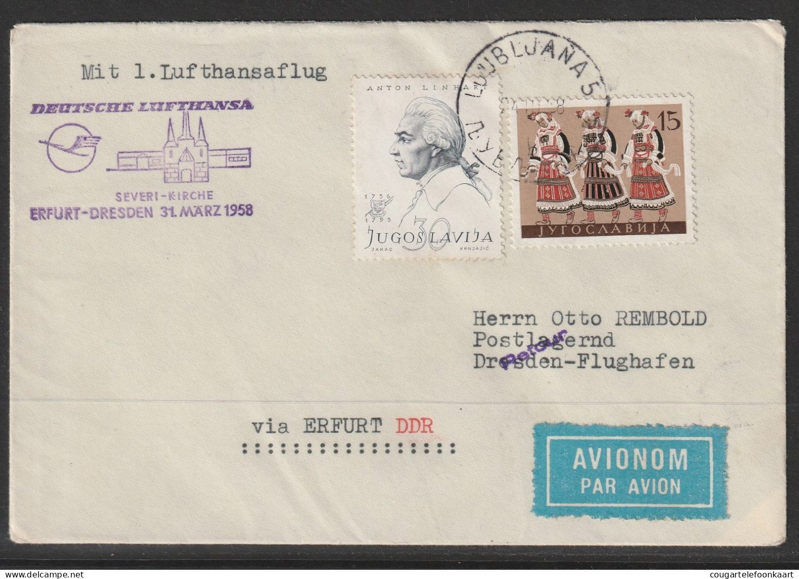 1958, Lufthansa, Erstflug, Lubljana-Dresden, Zuleitungspost - Luftpost