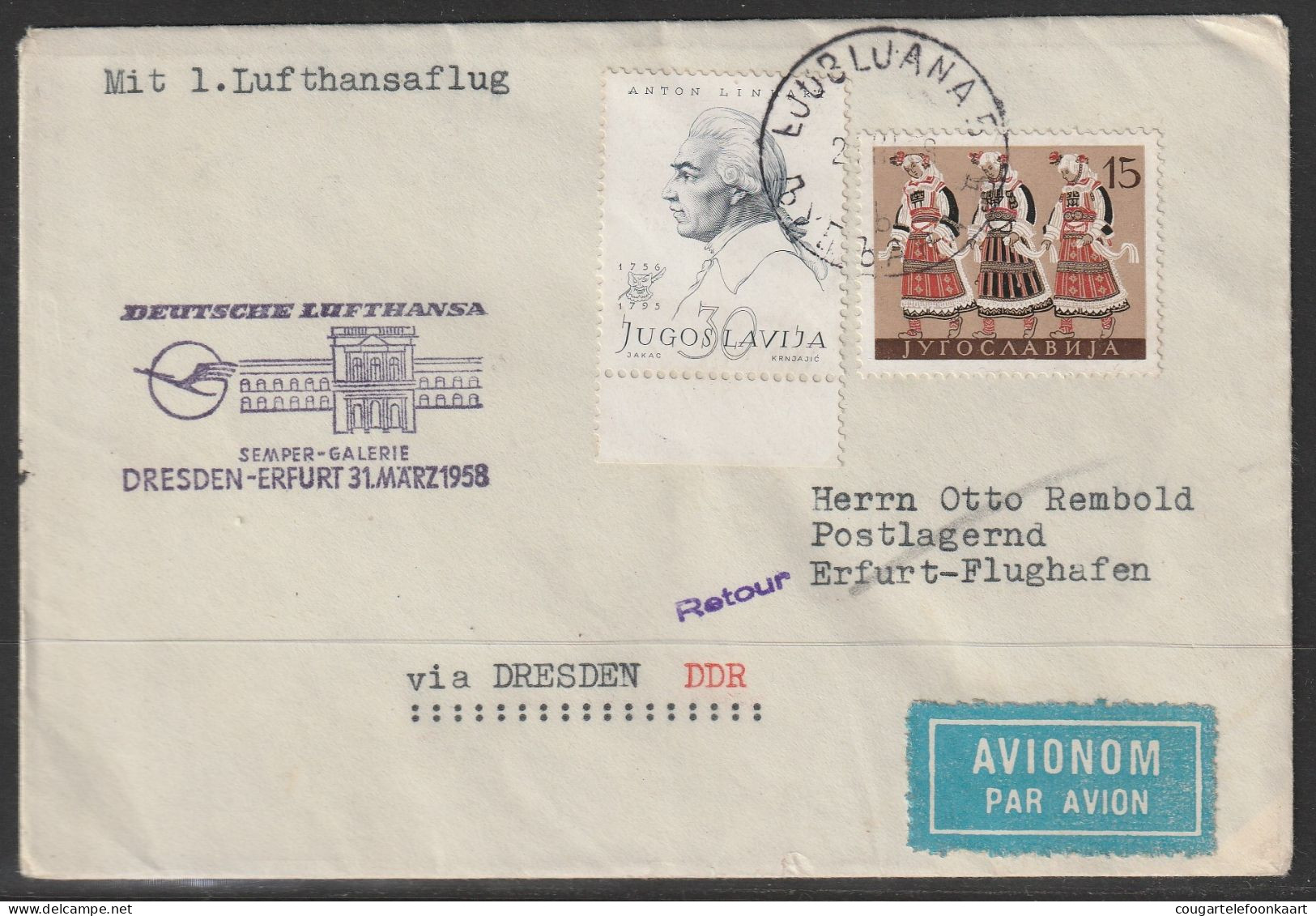 1958, Lufthansa, Erstflug, Lubljana-Erfurt, Zuleitungspost - Luftpost