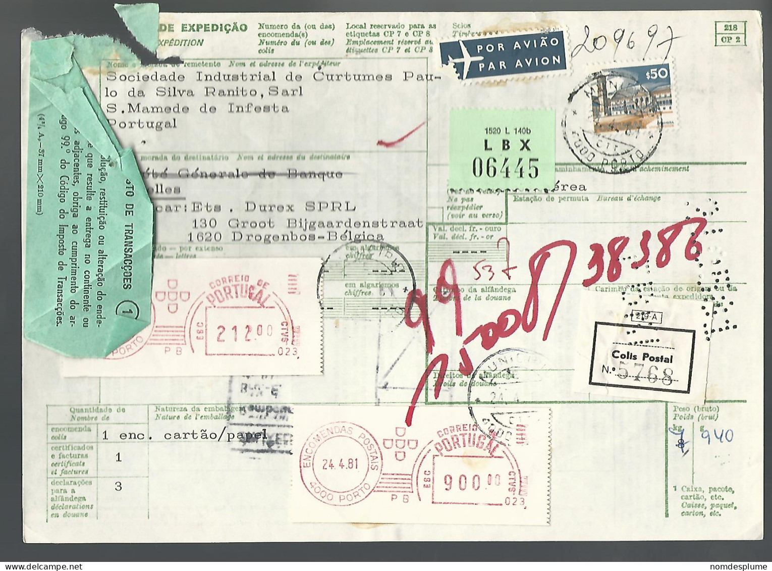 58513) Portugal Boletim De Expedicao Bulletin D'Expedition 1981 Postmark Cancel  Air Mail - Storia Postale