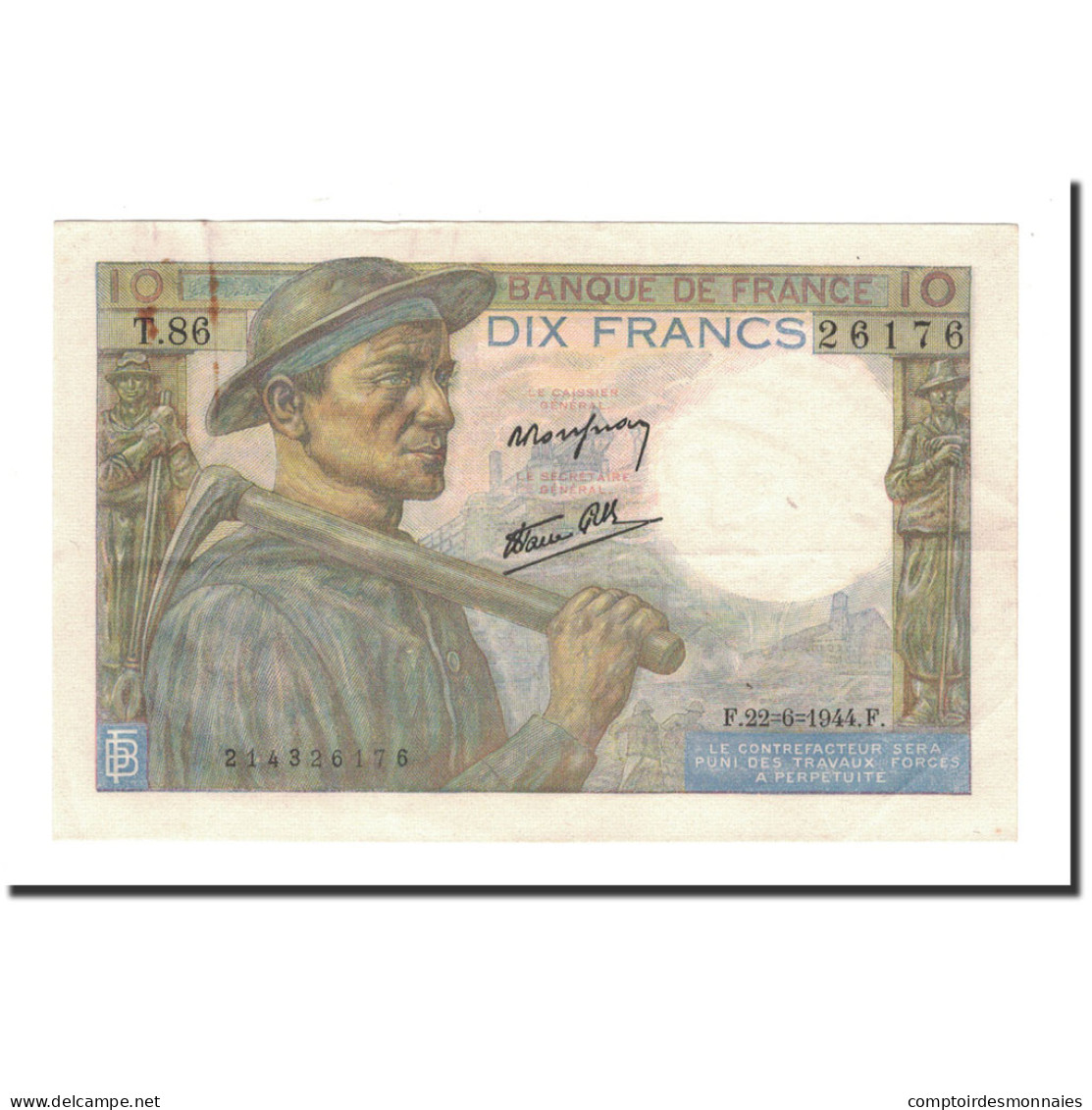 France, 10 Francs, Mineur, 1944, 1944-06-22, TTB, Fayette:8.12, KM:99e - 10 F 1941-1949 ''Mineur''