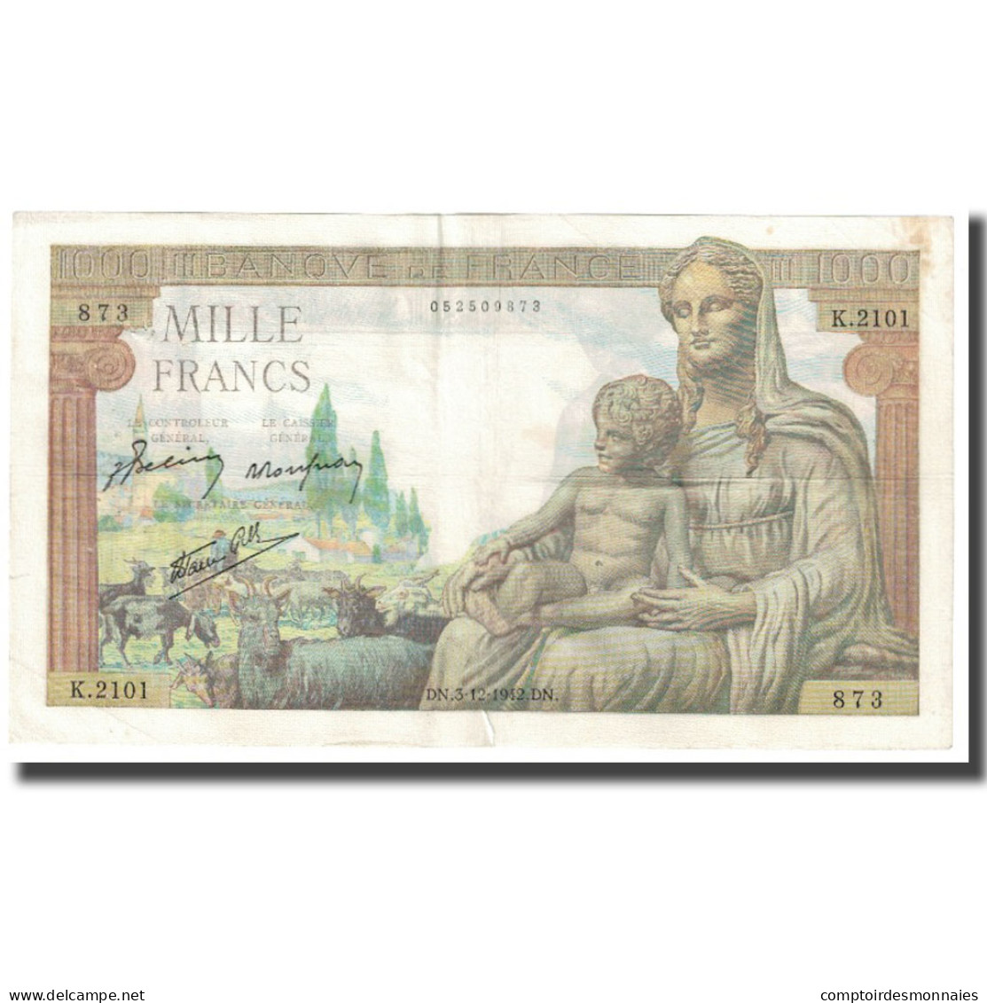 France, 1000 Francs, Déesse Déméter, 1942, P. Rousseau And R. Favre-Gilly - 1 000 F 1942-1943 ''Déesse Déméter''