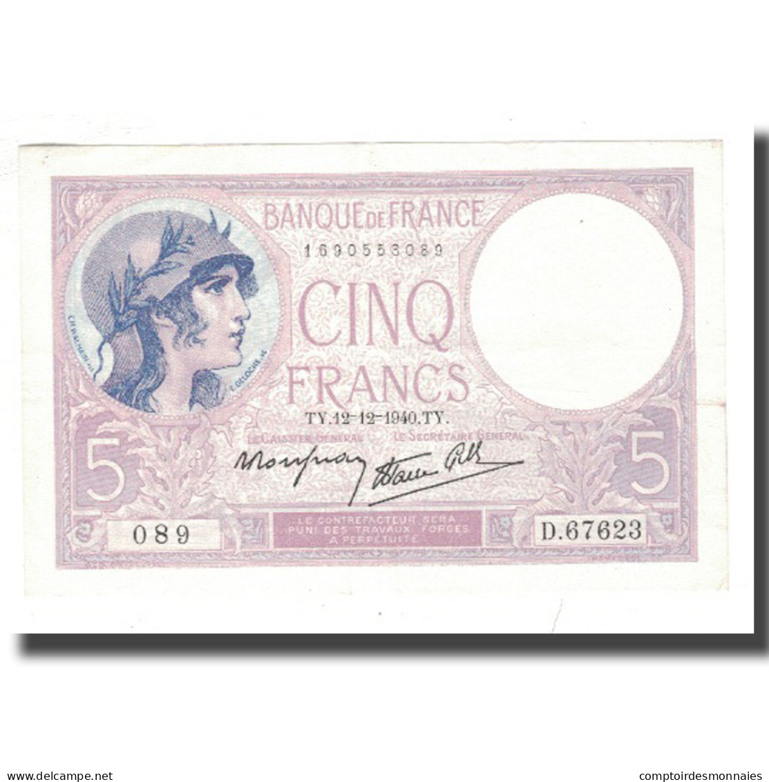 France, 5 Francs, Violet, 1940, 1940-12-12, TTB, Fayette:4.17, KM:83 - 5 F 1917-1940 ''Violet''