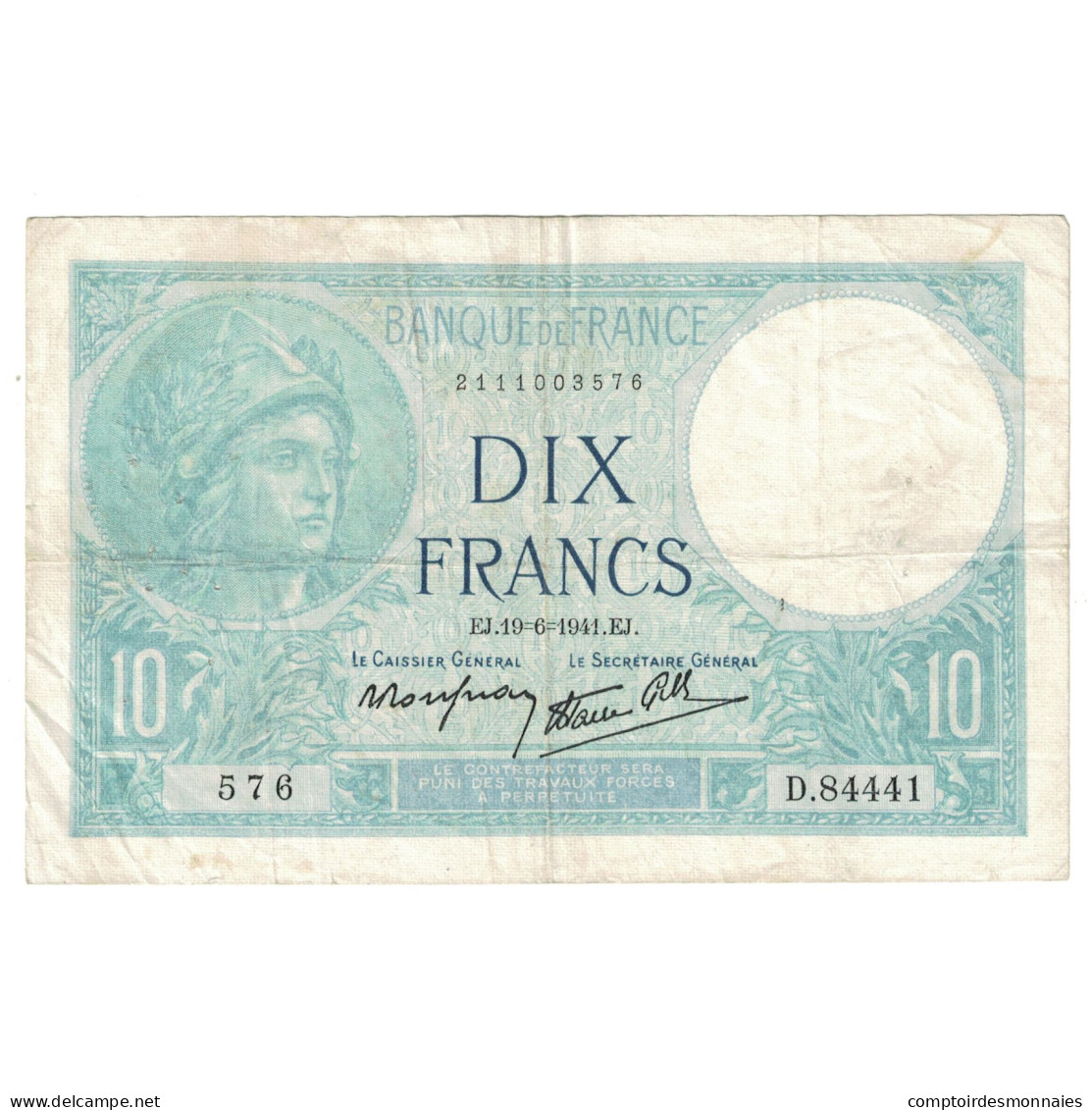 France, 10 Francs, Minerve, 1941, D.84441, TTB, Fayette:7.29, KM:84 - 10 F 1916-1942 ''Minerve''