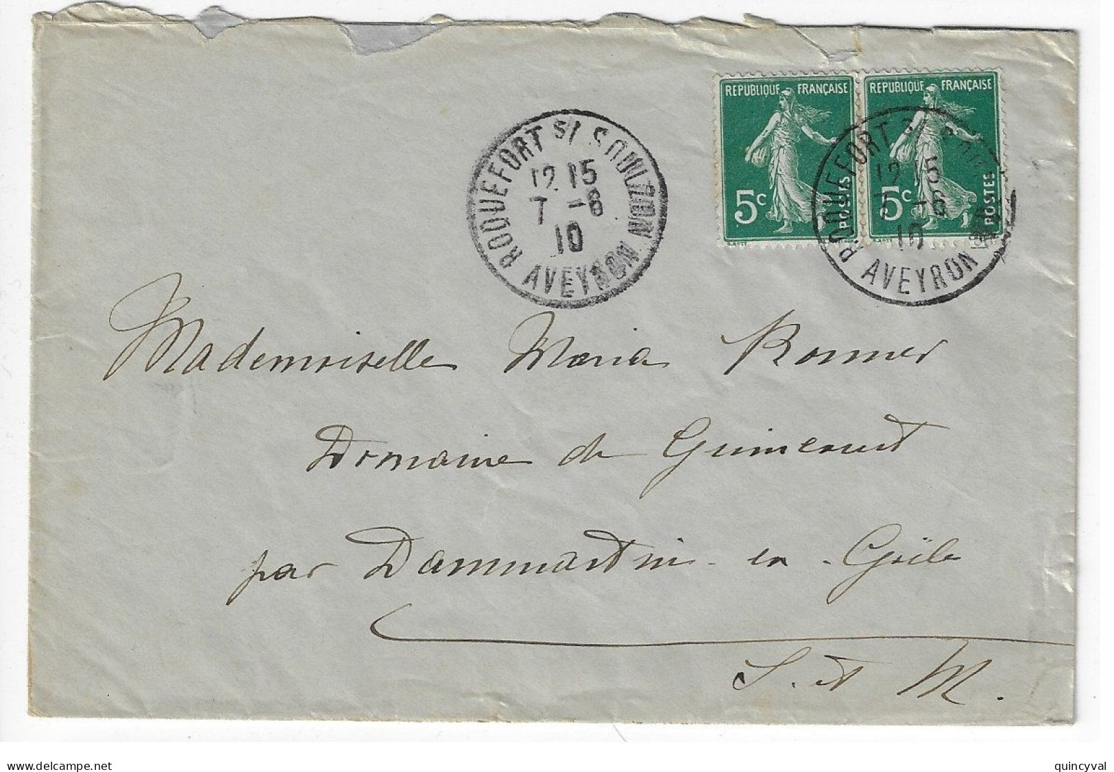 ROQUEFORT S/ SOULZON Aveyron Lettre 5c Vert Semeuse Yv 137 Ob 1910 Dest Dammartin En Gicle - 1877-1920: Semi-Moderne