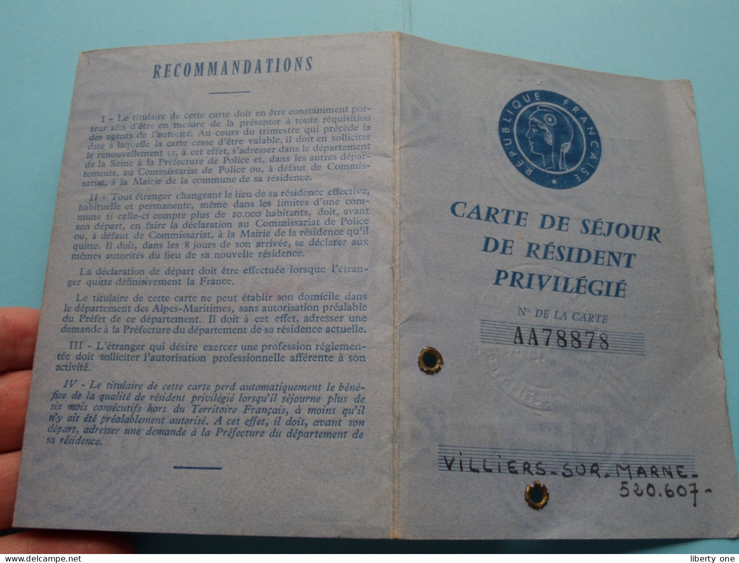 Carte De Séjour De Résident Privilégié ( AA78878 France ) De WALTHAUSEN Blanche 1900 Barcelone ( Voir Scans ) 1965/75 ! - Mitgliedskarten