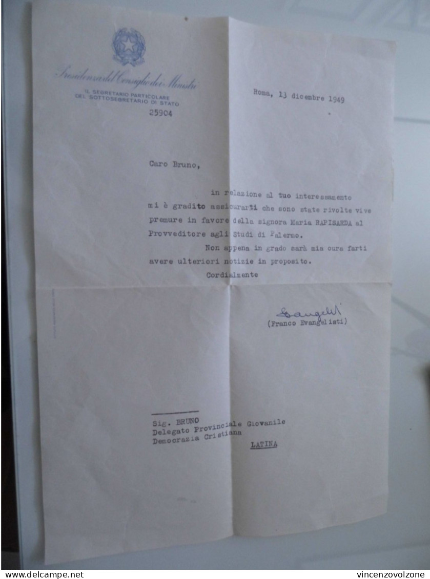Busta Viaggiata Con  Lettera Firmata Politico Franco Evangelisti  1949 - Politisch Und Militärisch