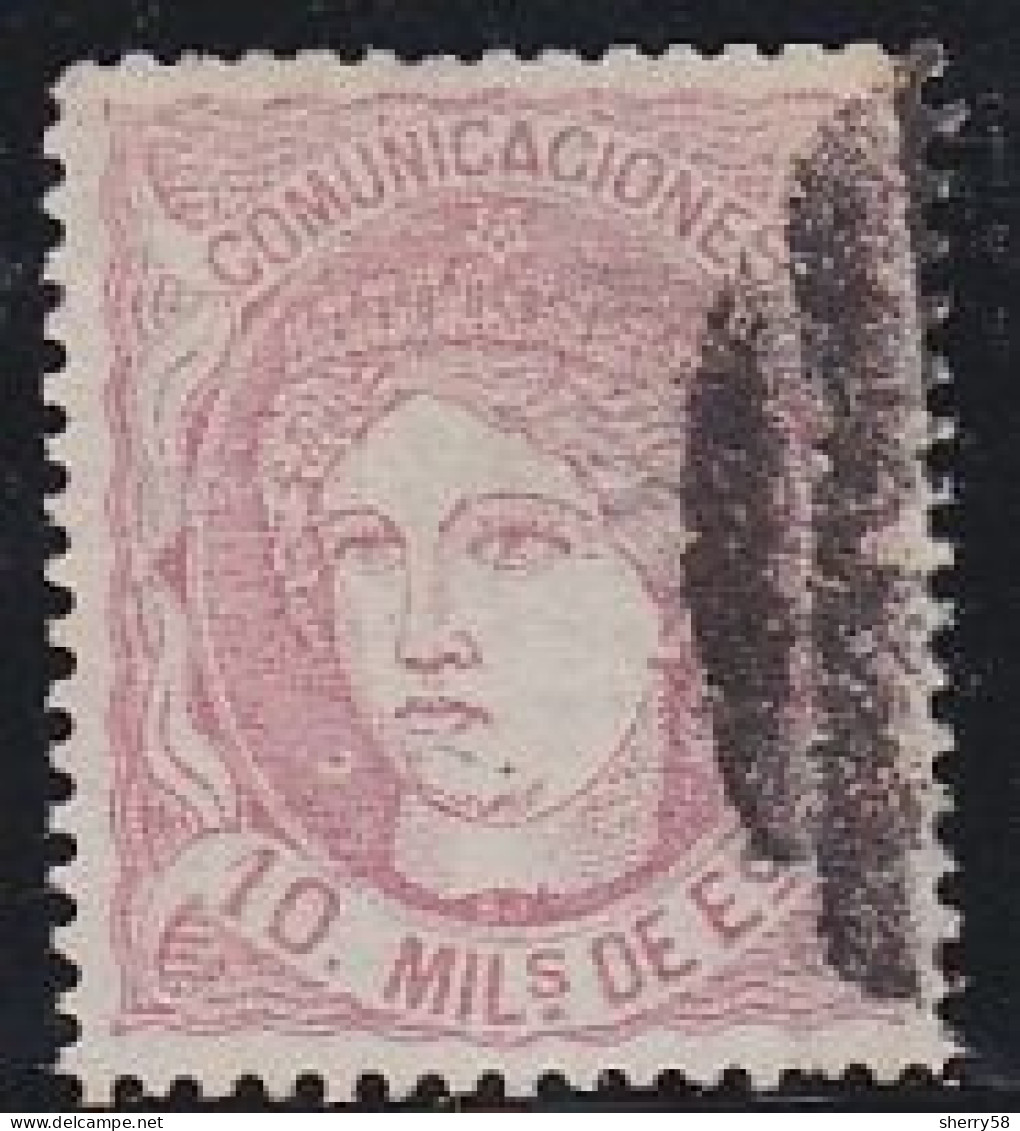 1870-ED. 105 GOB. PROVISIONAL. EFIGIE ALEGÓRICA DE ESPAÑA- 10 MILESIMAS ROSA-USADO PARRILLA CON NUMERO - Usados