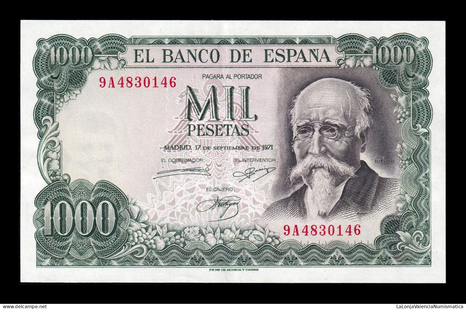 España Spain 1000 Pesetas José Echegaray 1971 Pick 154r Reposición Serie 9A Ebc/+ Xf/+ - 1000 Pesetas