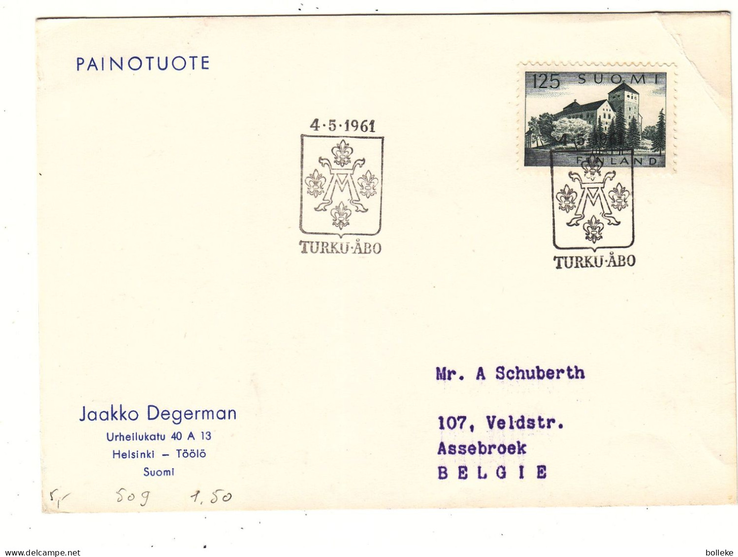 Finlande - Carte Postale De 1961 - Oblit Turku Äbo - Exp Vers Assebroek - - Cartas & Documentos