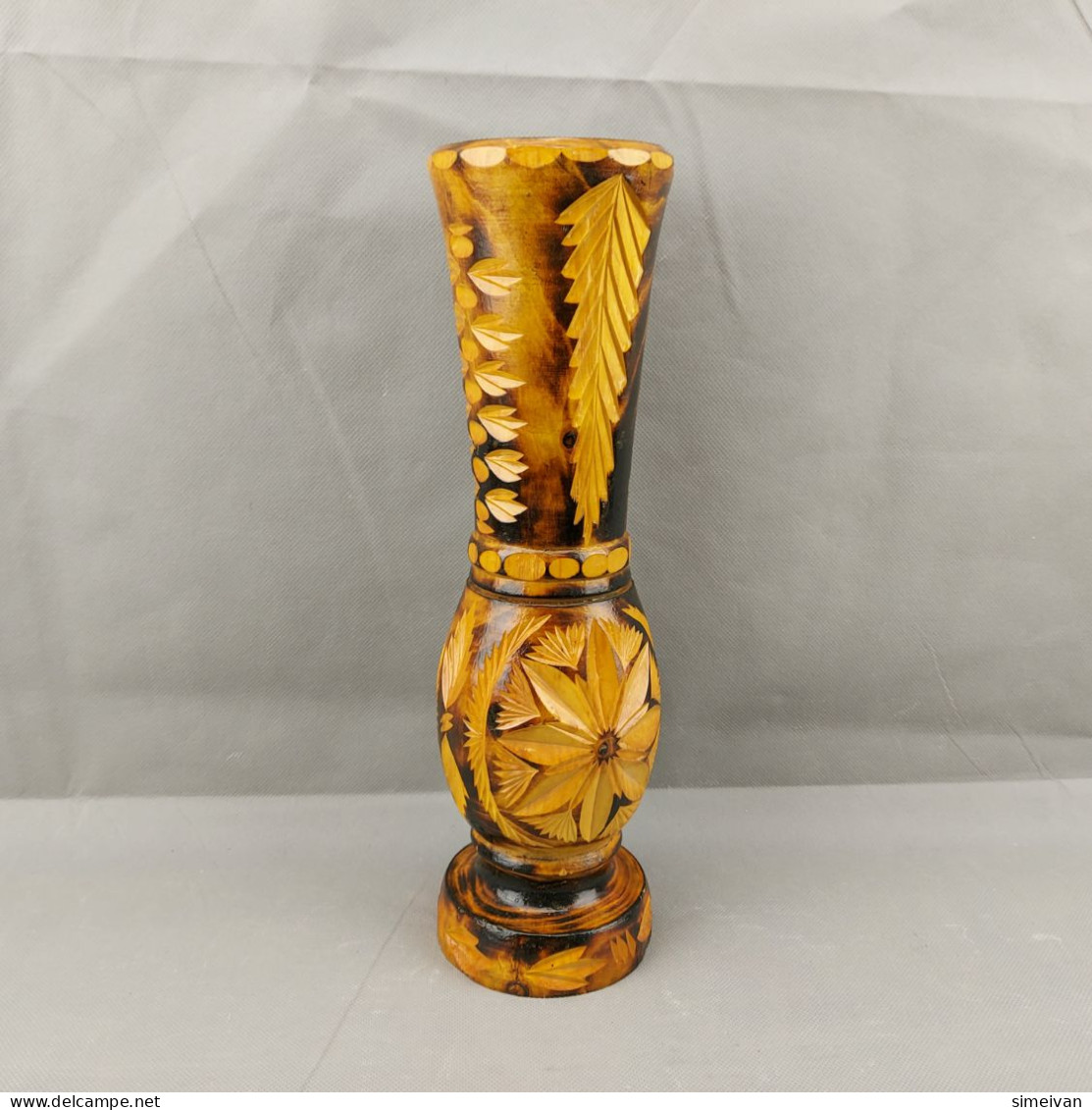 Vintage Hand Carved And Painted Wooden Vase For Home Décor 36cm #0646 - Vasen
