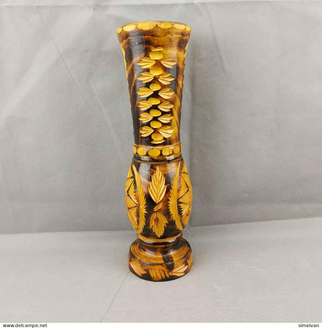 Vintage Hand Carved And Painted Wooden Vase For Home Décor 36cm #0646 - Vasi