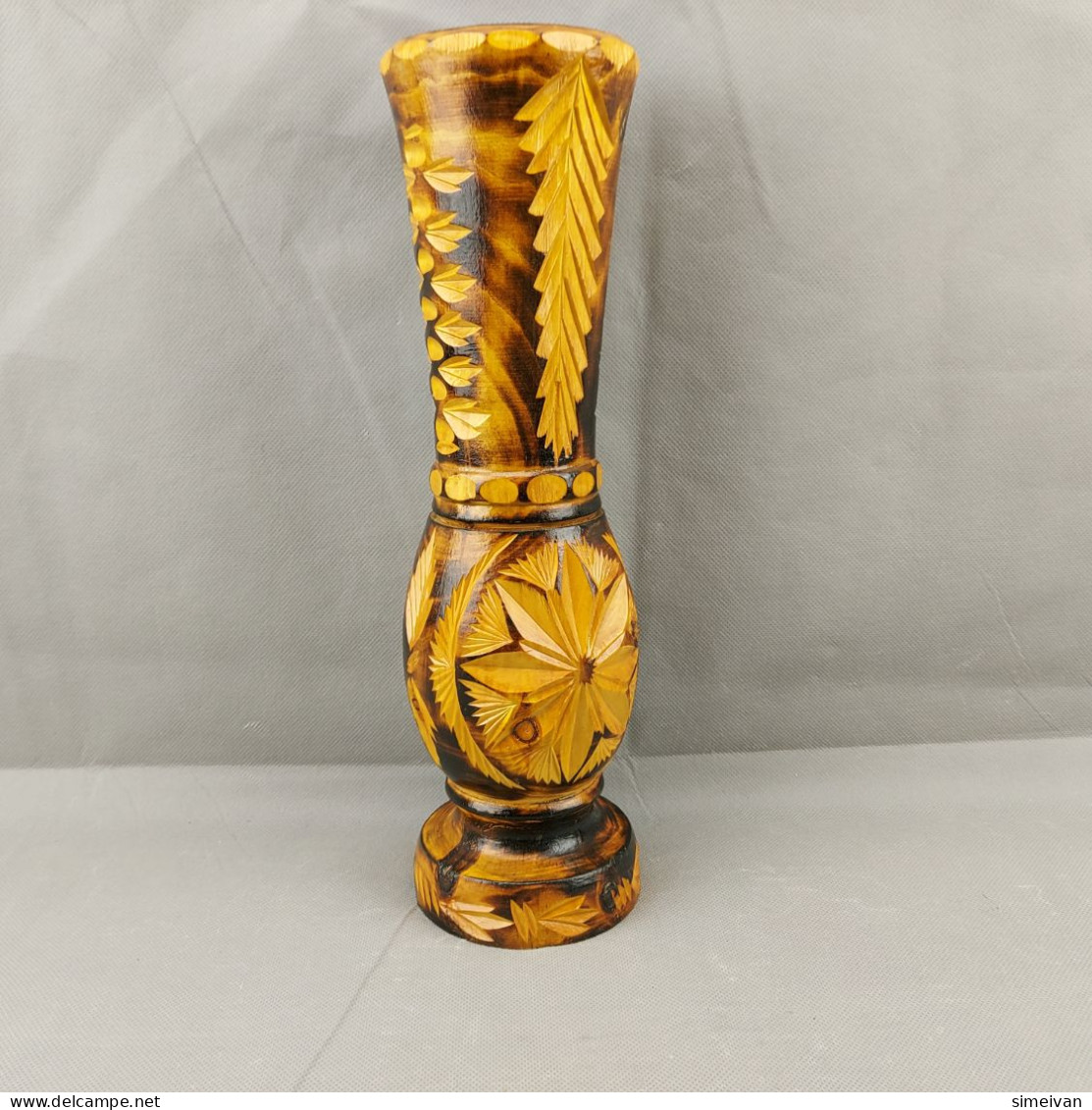 Vintage Hand Carved And Painted Wooden Vase For Home Décor 36cm #0646 - Vasen