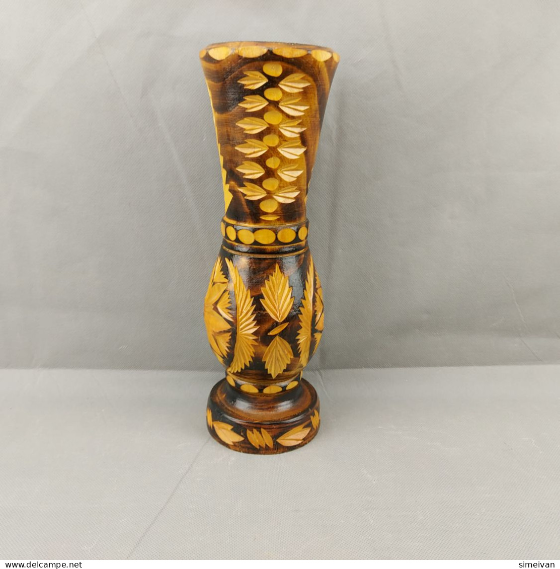 Vintage Hand Carved And Painted Wooden Vase For Home Décor 31cm #0647 - Jarrones