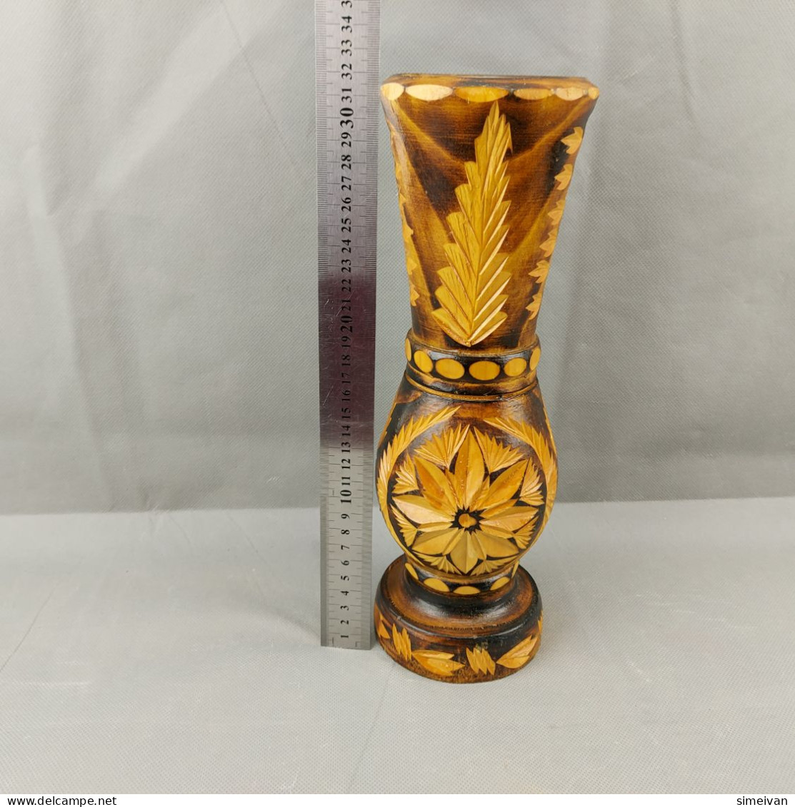 Vintage Hand Carved and Painted Wooden Vase For Home Décor 31cm #0647