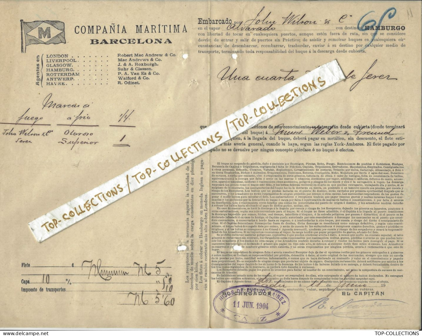 1904 BILL OF LADING CONOCIMIENTO CONNAISSEMENT Compania Maritima Barcelona  Vin De CAdiz à Hamburg V.HISTORIQUE ET SCANS - Espagne