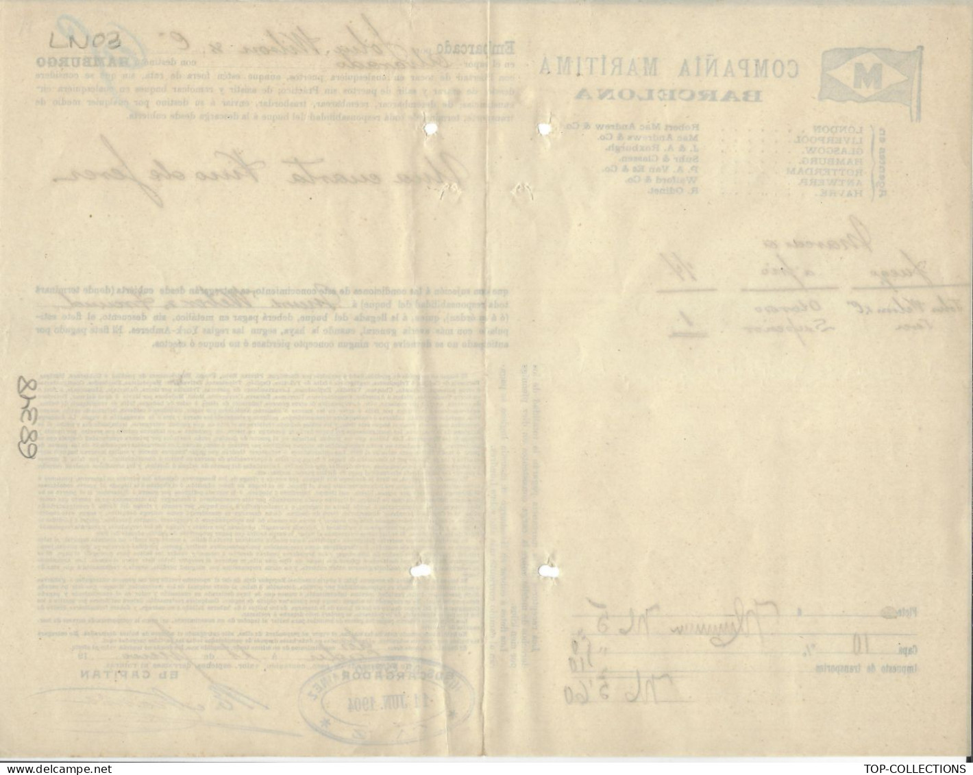 1904 BILL OF LADING CONOCIMIENTO CONNAISSEMENT Compania Maritima Barcelona  Vin De CAdiz à Hamburg V.HISTORIQUE ET SCANS - Espagne