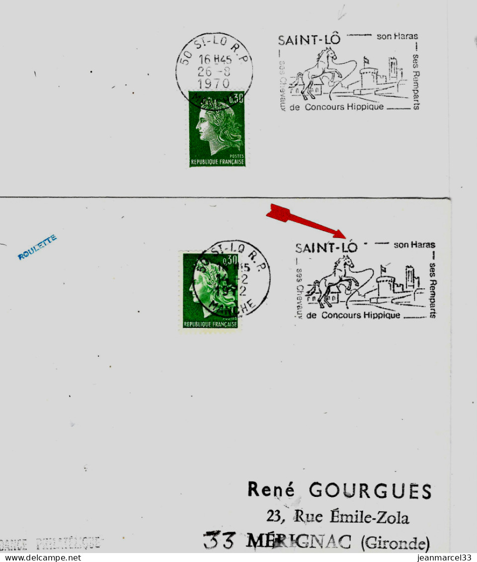 Curiosité Sur Lettres Entières, Saint-Lô Accent Partiellement échoppé, SECAP Illustrées O= Saint-Lo RP 1970 Et 1972 - Brieven En Documenten