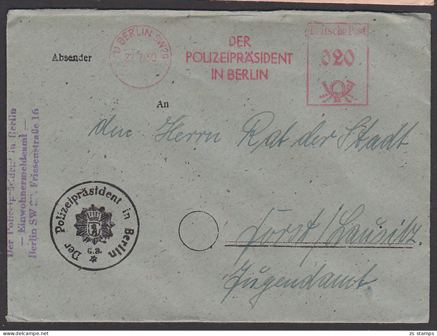 Berlin SW29 AFS Der Poizeipräsident In Berlin 22.7.50, Einwohnermeldeamt - Frankeermachines (EMA)