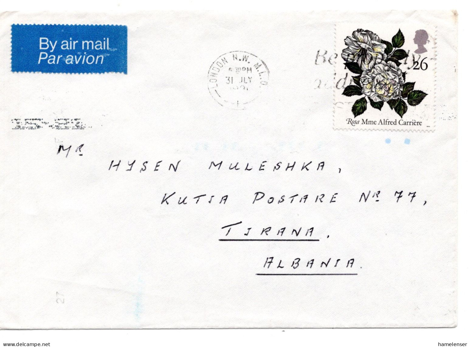 59295 - Grossbritannien - 1991 - 26p Rose EF A LpBf LONDON - ... -> TIRANE (Albanien) - Rozen