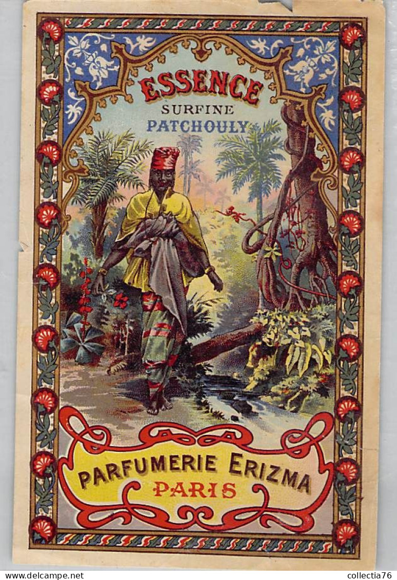 ETIQUETTE ANCIENNE CHROMMO CIRCA 1900 ERIZMA PARIS ESSENCE SURFINE PATCHOULY 10 X 15 CM - Labels