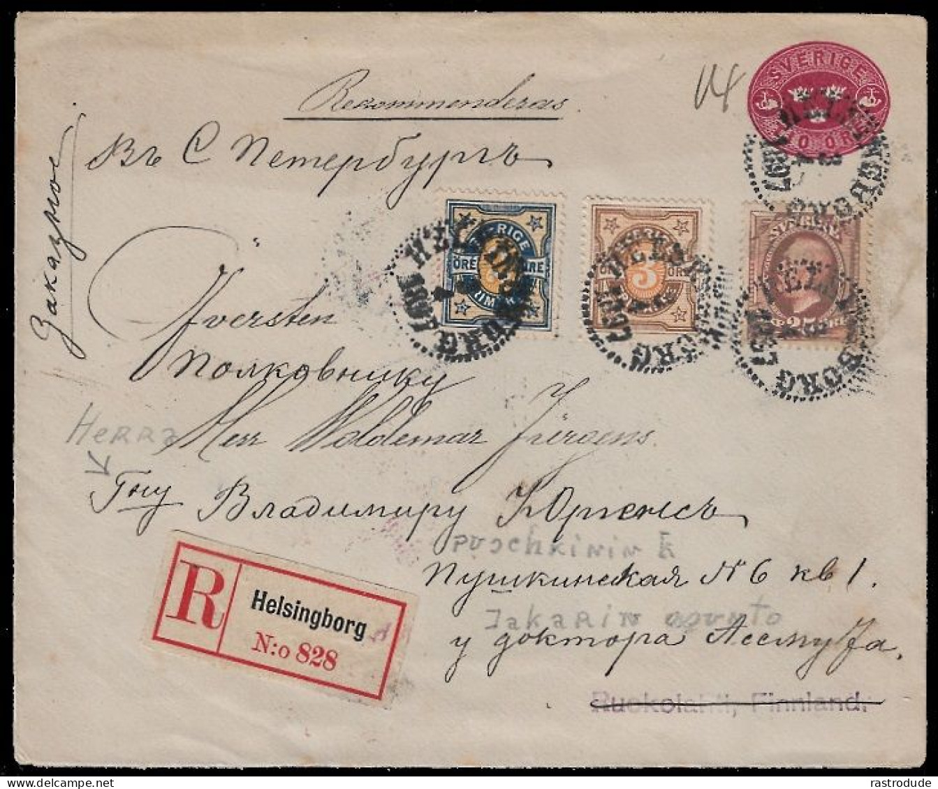 1897 SWEDEN UPRATED REGISTERED 10 ÖRE PS ENVELOPE  TO RUOKOLAHTI, FINLAND - Ganzsachen