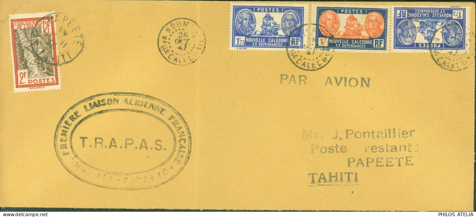 Nouvelle Calédonie Avion T.R.A.P.A.S 1ère Liaison Aérienne Française YT 156b X2 + 156A + Océanie Taxe 16 Nouméa 28 10 47 - Covers & Documents