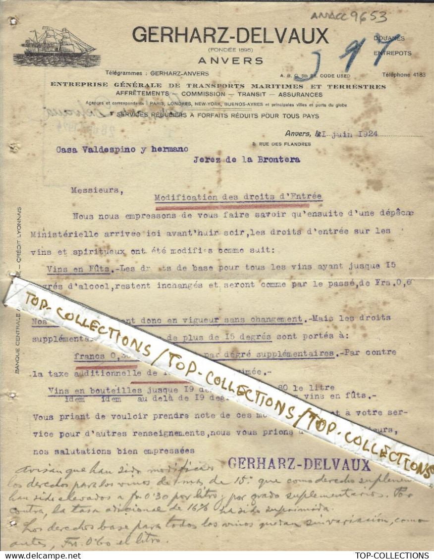 1924 NAVIGATION Affrètements  Transports ENTETE Gerharz Delvaux Anvers  Belgique Pour Jerez De La Frontera Espagne - Spanje