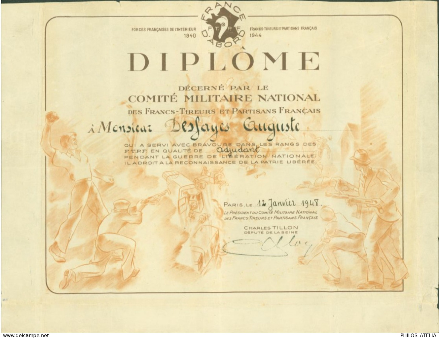 Guerre 40 Diplôme Comité Militaire National Des FTP Francs Tireurs Et Partisans Français 12 1 48 France D'abord - Diplômes & Bulletins Scolaires