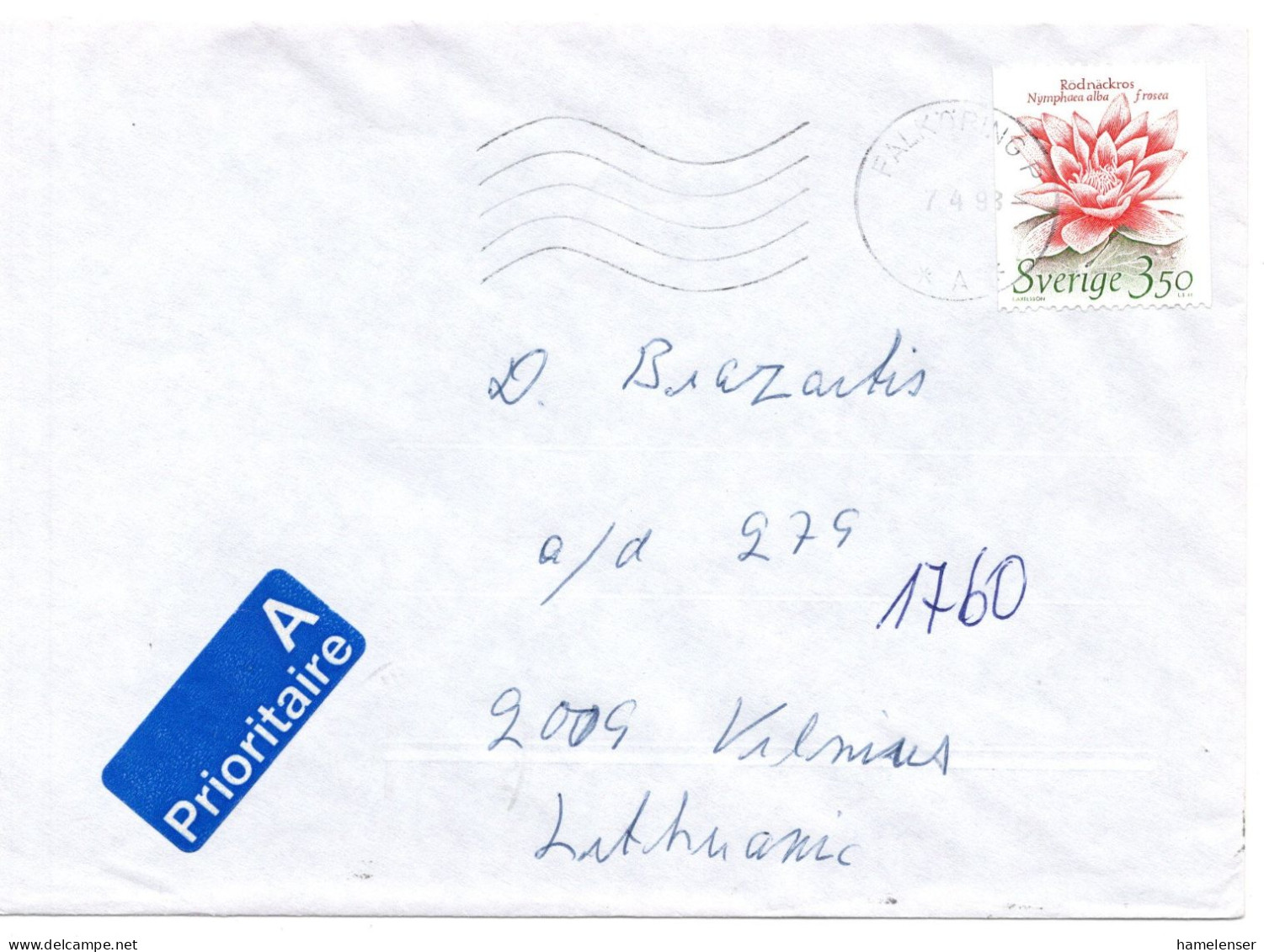 59320 - Schweden - 1993 - Kr.3,50 Seerose EF A Bf FALKOEPING -> VILNIUS (Litauen) - Autres & Non Classés