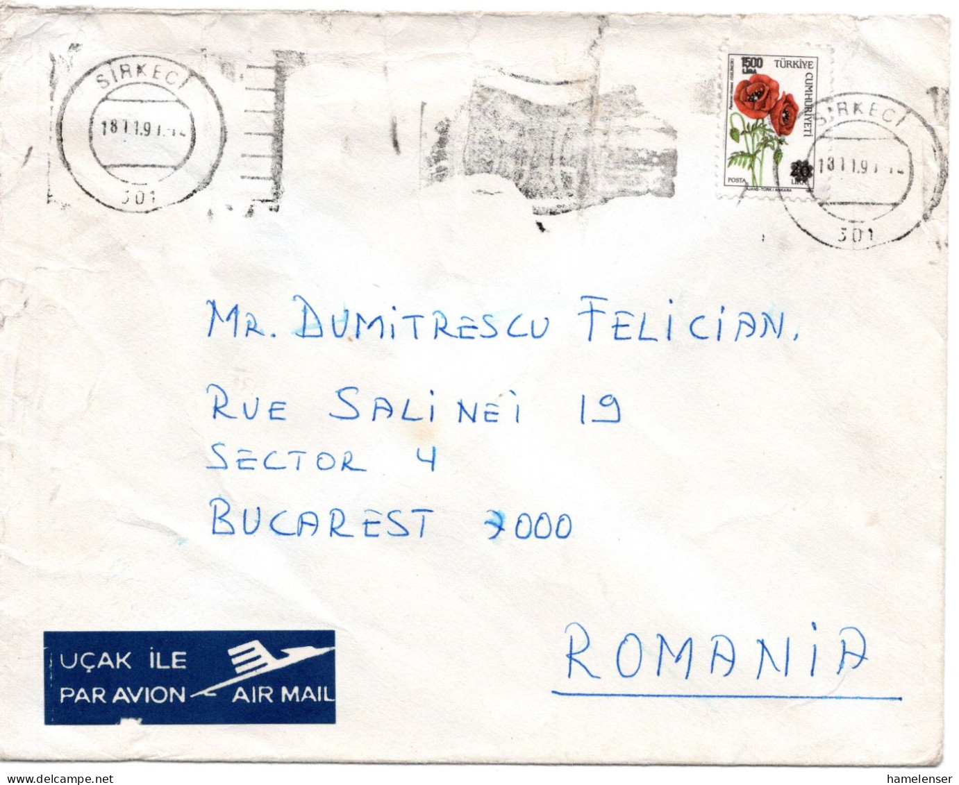59325 - Tuerkei - 1991 - 1500L/20L Klatschmohn EF A LpBf SIRKECI -> BUCURESTI (Rumaenien) - Autres & Non Classés