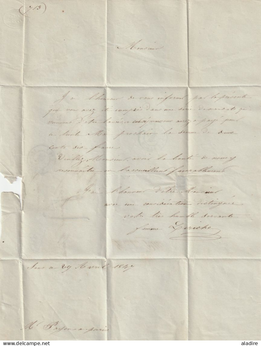 1847 - lettre pliée avec correspondance de Sens sur Yonne vers Paris - route de Genève - taxe 4