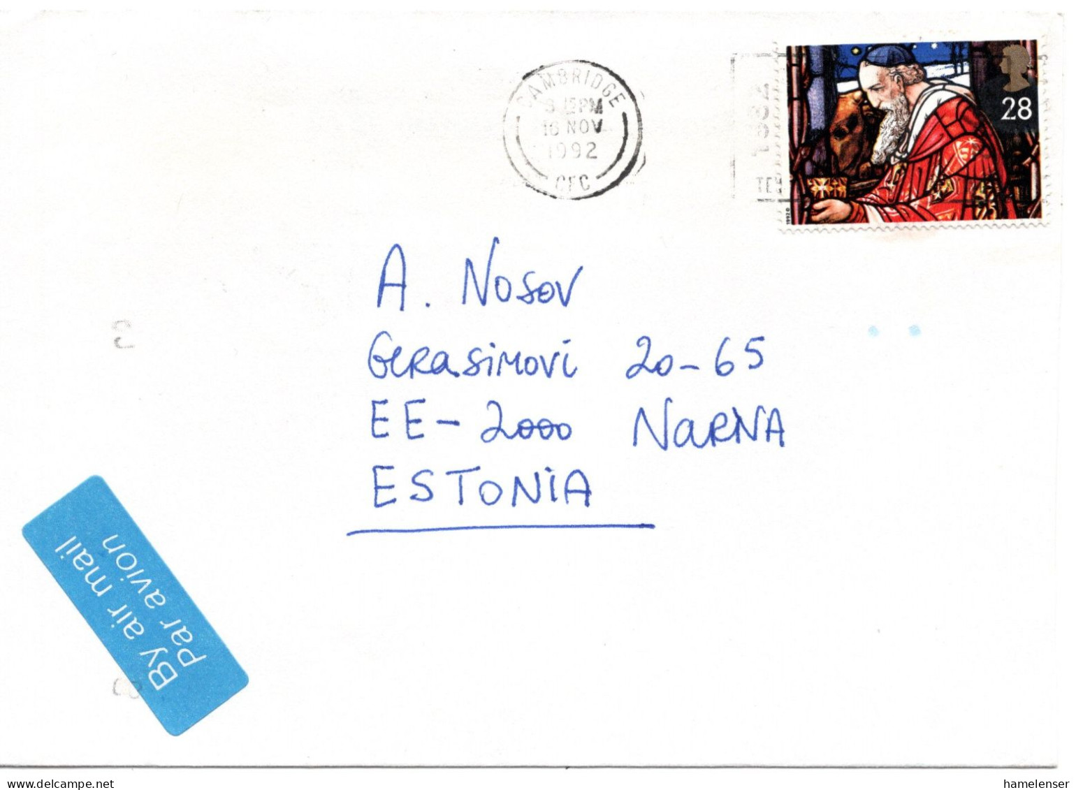 59330 - Grossbritannien - 1992 - 28p Weihnachten EF A LpBf CAMBRIDGE - ... -> NARVA (Estland) - Christendom