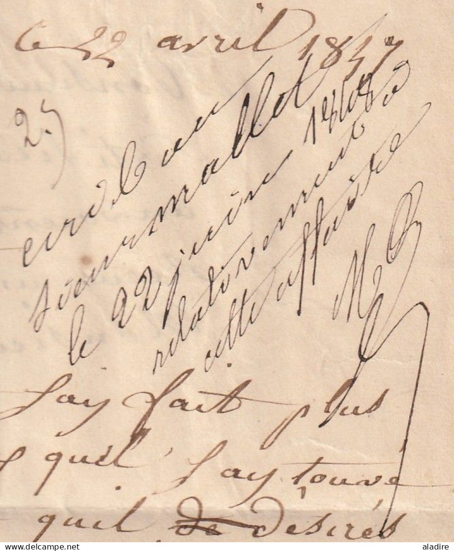 1847 - lettre pliée avec correspondance de AUXERRE, Yonne vers Paris - cachet à date d' arrivée - taxe 4