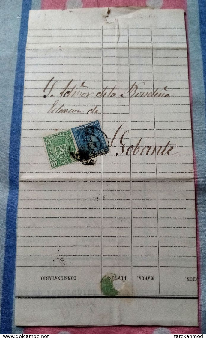 Granada 1876, Rare Bill Of Lading, Transportation Co. Of Ferro Carrill. Alfonso Stamp Used As Revenue. Perfect - Covers & Documents