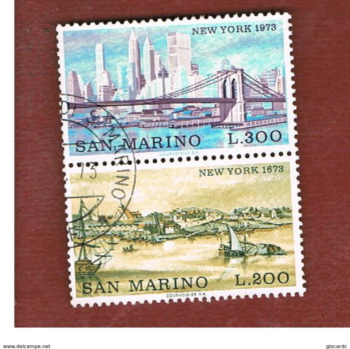 SAN MARINO - UNIF. 876.877 - 1973  VEDUTE DI NEW YORK (SERIE COMPLETA IN COPPIA SE-TENANT)    -  USATI (USED°) - Gebraucht