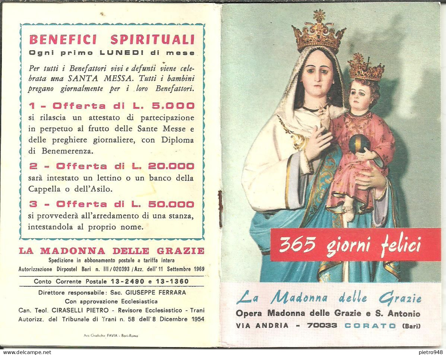Libro (Libretto) Religioso "Opera Madonna Delle Grazie E Sant'Antonio" Corato (Bari), Agendina 1970 - Religión/Espiritualismo