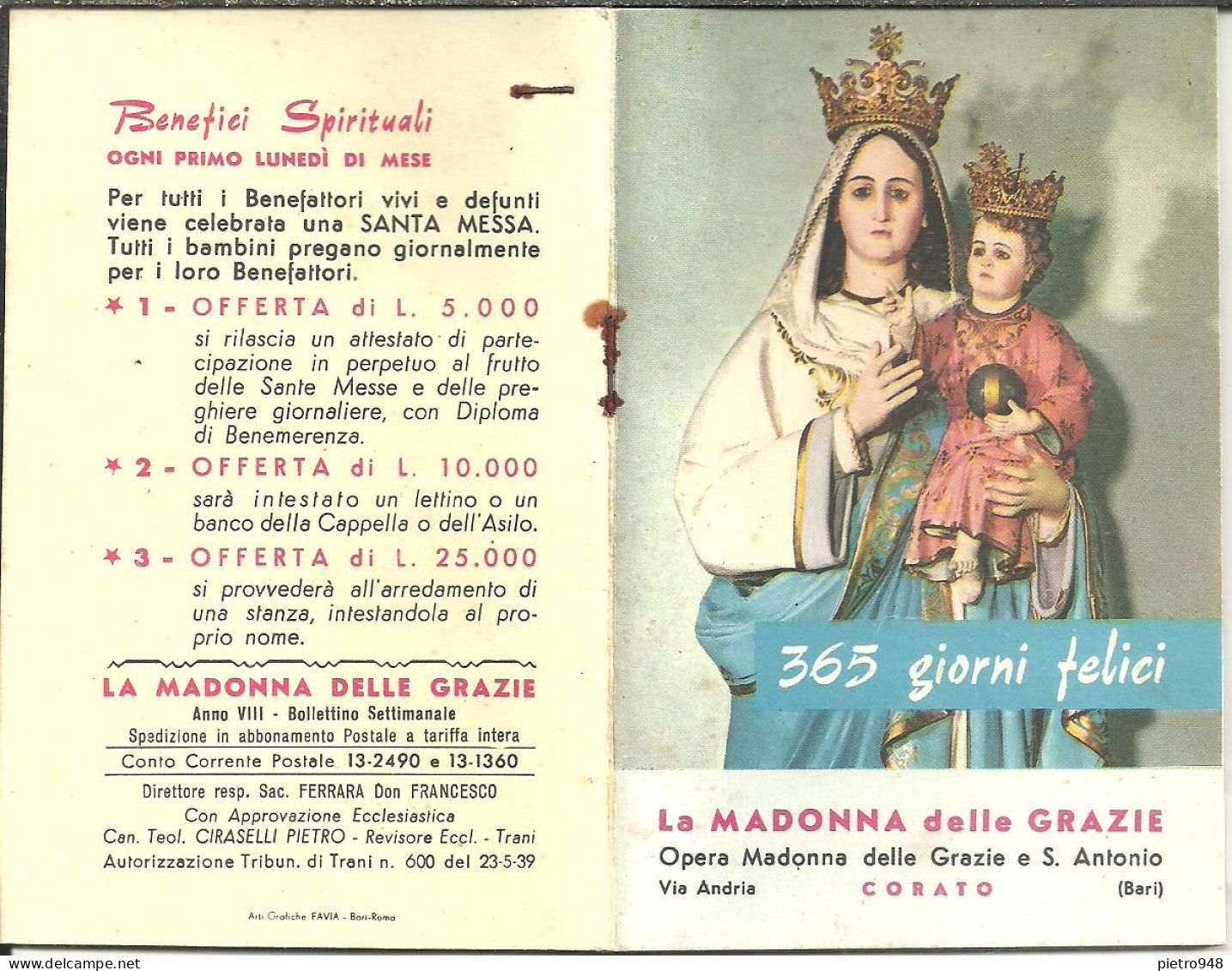 Libro (Libretto) Religioso "Opera Madonna Delle Grazie E Sant'Antonio" Corato (Bari), Agendina 1966 - Religión/Espiritualismo