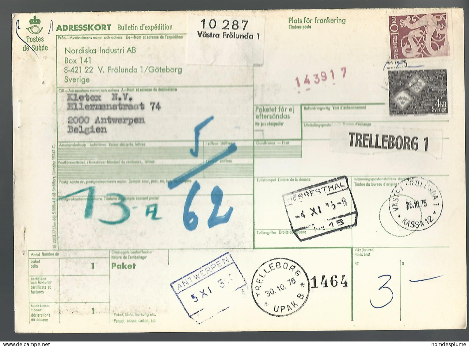 58521) Sweden Adresskort Bulletin D'Expedition 1975 Postmark Cancel - Covers & Documents
