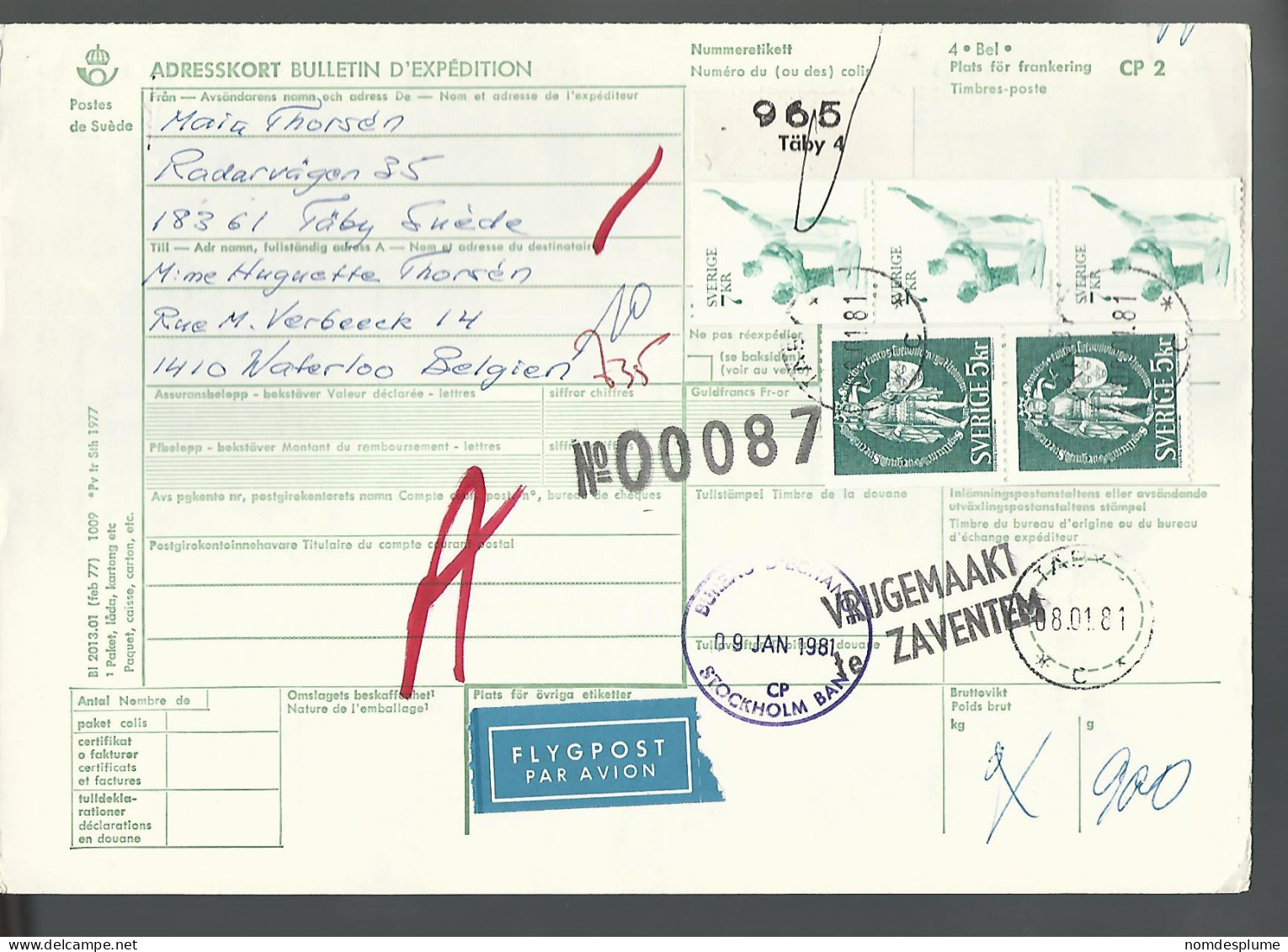 58522) Sweden Adresskort Bulletin D'Expedition 1981 Postmark Cancel Air Mail - Covers & Documents