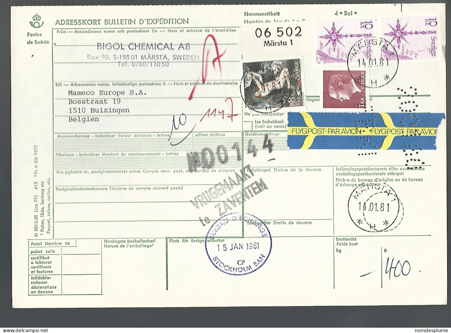 58523) Sweden Adresskort Bulletin D'Expedition 1981 Postmark Cancel Air Mail - Storia Postale