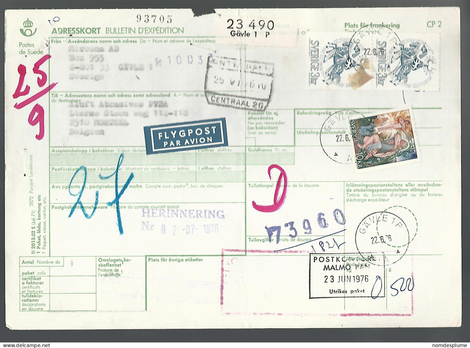 58524) Sweden Adresskort Bulletin D'Expedition 1976 Postmark Cancel Air Mail - Storia Postale