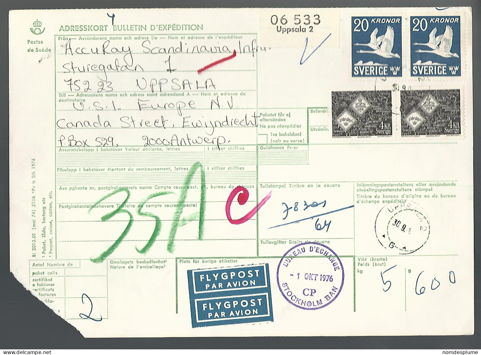 58526) Sweden Adresskort Bulletin D'Expedition 1976 Postmark Cancel Air Mail - Storia Postale