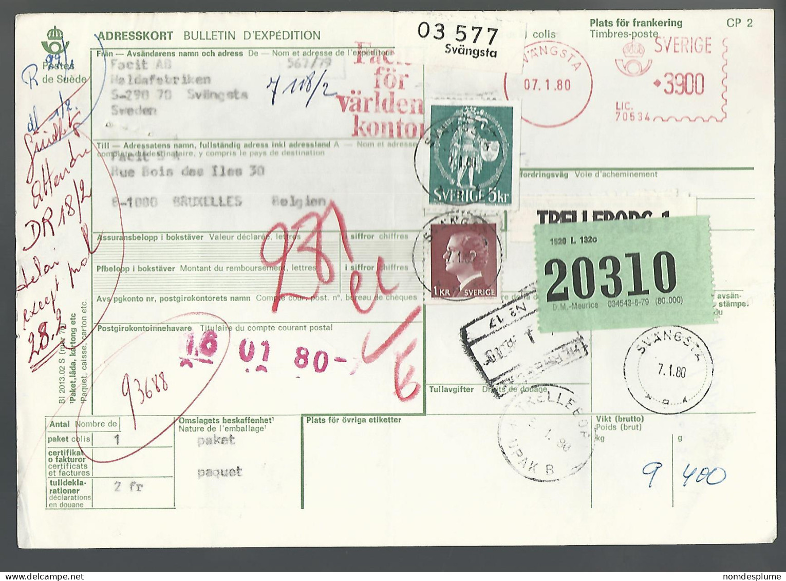 58530) Sweden Adresskort Bulletin D'Expedition 1980 Postmark Cancel - Covers & Documents